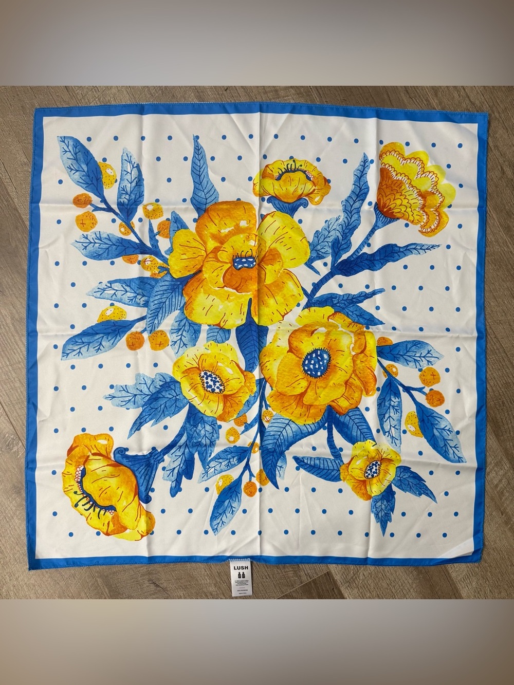 Lush “Emma” Scarf / Knot Wrap Floral Blue-Trim White Scarf with Bright Yellow